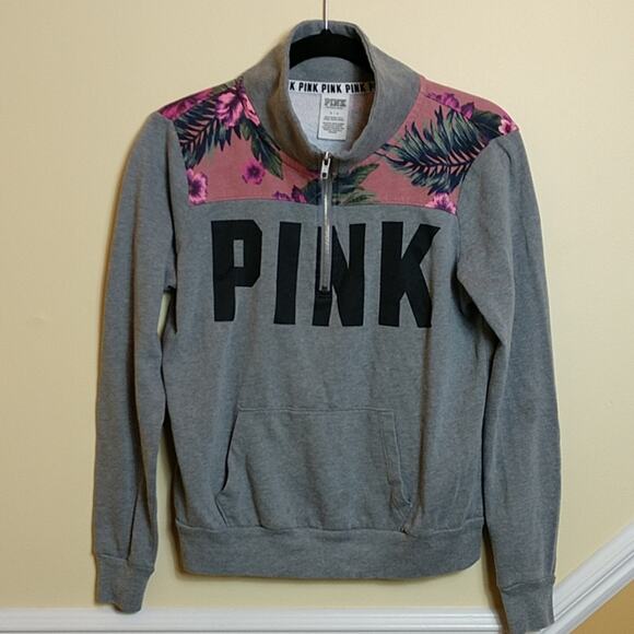 Pink Quarter Zip Hawaiian Floral Print Sweatshirt - Picture 1 of 7